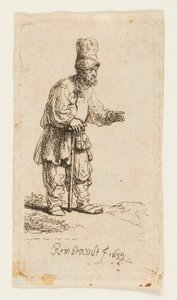Boer met een hoge pet, leunend op een stok door Rembrandt van Rijn