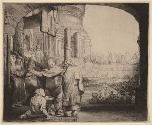 Petrus en Johannes genezen de verlamde man bij de tempelpoort door Rembrandt van Rijn