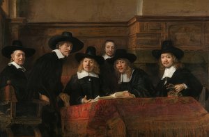 Portret van de voorzitters van het lakenmakersgilde in Amsterdam door Rembrandt van Rijn