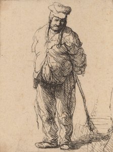 Haveloze boer met zijn handen achter zich, met een stok, ca. 1630 door Rembrandt van Rijn