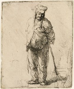 Haveloze Boer met zijn Handen achter Hem, een Stok Vasthoudend door Rembrandt van Rijn