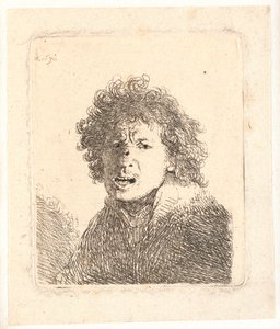 Rembrandt met ontbloot hoofd en open mond, alsof hij schreeuwt: buste door Rembrandt van Rijn