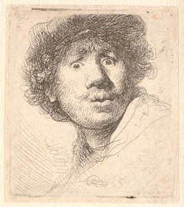 Rembrandt met een pet, mond open en starend: buste in omtrek door Rembrandt van Rijn