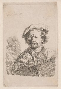 Rembrandt met een platte pet en een sjaal om zijn schouders door Rembrandt van Rijn