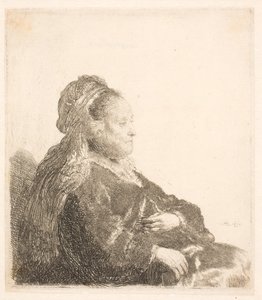 Rembrandts moeder zittend naar rechts, in een oosters hoofddeksel: half-lengte, met handen door Rembrandt van Rijn