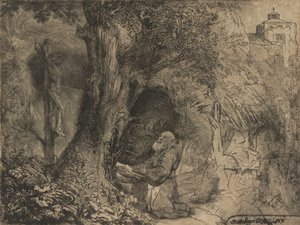 Sint Franciscus biddend onder een boom door Rembrandt van Rijn