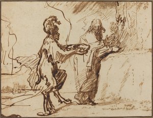 Satan Verleidt Christus om Stenen in Brood te Veranderen door Rembrandt van Rijn