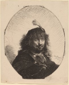 Zelfportret (?) met Gevederde Hoed en Neergelaten Sabel door Rembrandt van Rijn