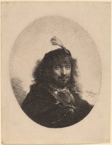 Zelfportret (?) met Gevederde Hoed en Neergelaten Sabel door Rembrandt van Rijn