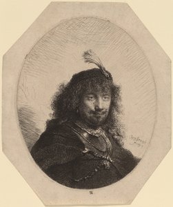 Zelfportret (?) met Gevederde Hoed en Neergelaten Sabel door Rembrandt van Rijn