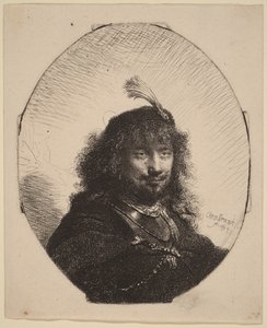 Zelfportret () met een hoed met veren en een neergelaten sabel door Rembrandt van Rijn
