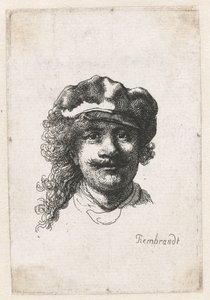 Zelfportret met een zachte pet: volledig gezicht, alleen hoofd door Rembrandt van Rijn