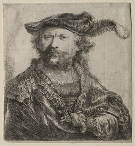 Zelfportret in fluwelen muts met pluim, 1638 door Rembrandt van Rijn