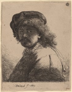 Zelfportret met een Muts en Sjaal met Donker Gezicht door Rembrandt van Rijn
