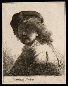 Zelfportret met een pet en sjaal met donker gezicht: buste door Rembrandt van Rijn