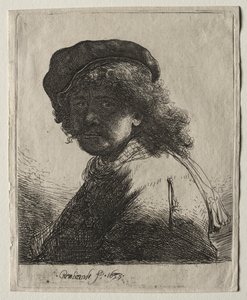 Zelfportret met een muts en sjaal met donker gezicht: Buste door Rembrandt van Rijn