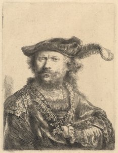 Zelfportret in een Fluwelen Muts met Pluim door Rembrandt van Rijn