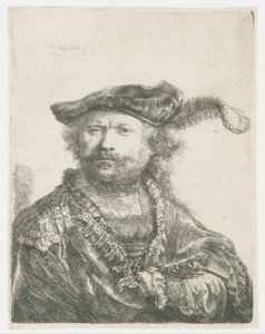 Zelfportret met fluwelen muts met pluim door Rembrandt van Rijn