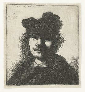 Zelfportret met een pet en donkere mantel: buste door Rembrandt van Rijn
