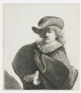 Zelfportret met een zachte hoed en een patroonmantel door Rembrandt van Rijn
