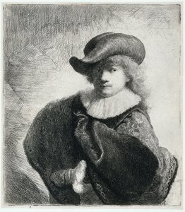 Zelfportret met een zachte hoed en geborduurde mantel, 1631 door Rembrandt van Rijn