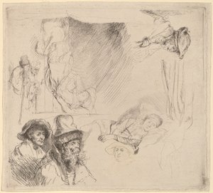 Blad met studies waaronder een zieke vrouw in bed door Rembrandt van Rijn