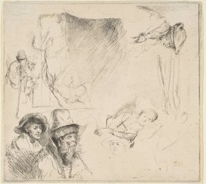Blad met studies van een zieke vrouw in bed, enz., ca. 1641-42 door Rembrandt van Rijn