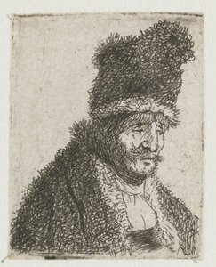 Blad met studies van mannenhoofden: oude man in bontjas en hoge muts door Rembrandt van Rijn