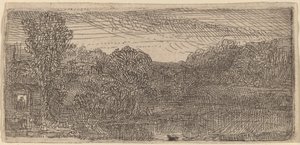 Klein grijs landschap: een huis en bomen naast een vijver door Rembrandt van Rijn