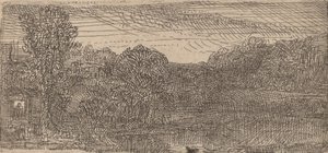 Klein grijs landschap: een huis en bomen naast een vijver door Rembrandt van Rijn
