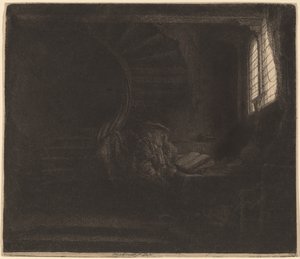 St. Hiëronymus in een donkere kamer door Rembrandt van Rijn