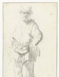 Staande man met een buidel door Rembrandt van Rijn