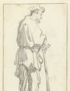 Staande man met een stok, naar rechts gericht door Rembrandt van Rijn