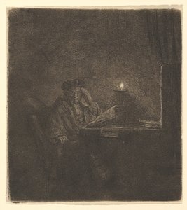 Student aan een tafel bij kaarslicht, ca. 1642 door Rembrandt van Rijn