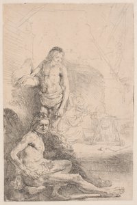 Naaktstudies: een zittende man en een staande man, met op de achtergrond een vrouw en een baby, subtiel geschetst door Rembrandt van Rijn