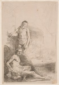 Naaktstudies: een zittende man en een staande man, met op de achtergrond een vrouw en een baby, subtiel geschetst door Rembrandt van Rijn