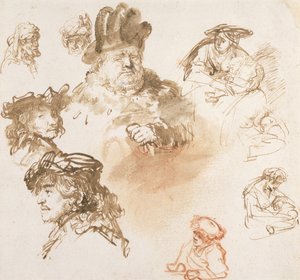 Studies van oude mannenhoofden en drie vrouwen met kinderen, ca. 1635-36 door Rembrandt van Rijn