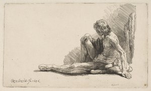 Studie van de naakte: Man zittend op de grond, met één been uitgestrekt, 1646 door Rembrandt van Rijn