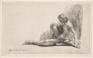 Naaktstudie: man zittend op de grond met één been gestrekt door Rembrandt van Rijn