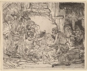 De Aanbidding der Herders: met de Lamp door Rembrandt van Rijn