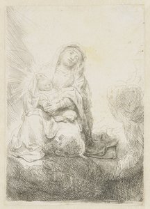 De Maagd en het Kind in de wolken door Rembrandt van Rijn