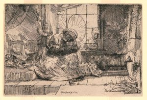 De Maagd en het Kind met de kat en Jozef bij het raam door Rembrandt van Rijn