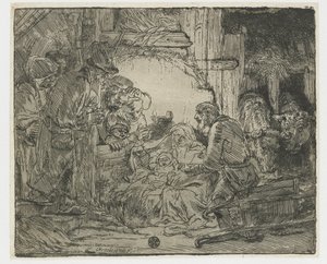 De aanbidding van de herders: met de lamp door Rembrandt van Rijn