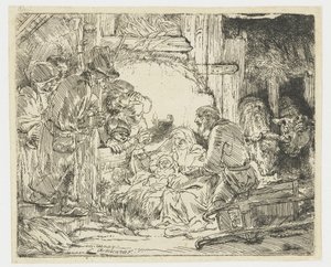 De aanbidding van de herders: met de lamp door Rembrandt van Rijn