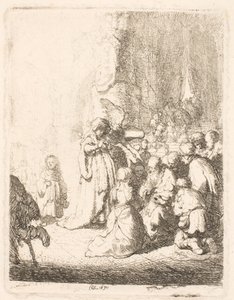 De offerande in de tempel (met de engel): kleine plaat door Rembrandt van Rijn