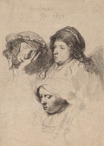 Drie Hoofden van Vrouwen, Eén Slapend door Rembrandt van Rijn