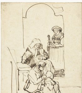 Drie vrouwen en een kind bij een deur door Rembrandt van Rijn