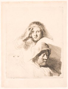 Drie vrouwenhoofden, één licht geëtst door Rembrandt van Rijn