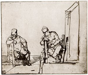 Twee mannen zittend bij een deuropening, 1913