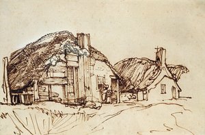 Twee rieten huisjes met figuren bij het raam door Rembrandt van Rijn